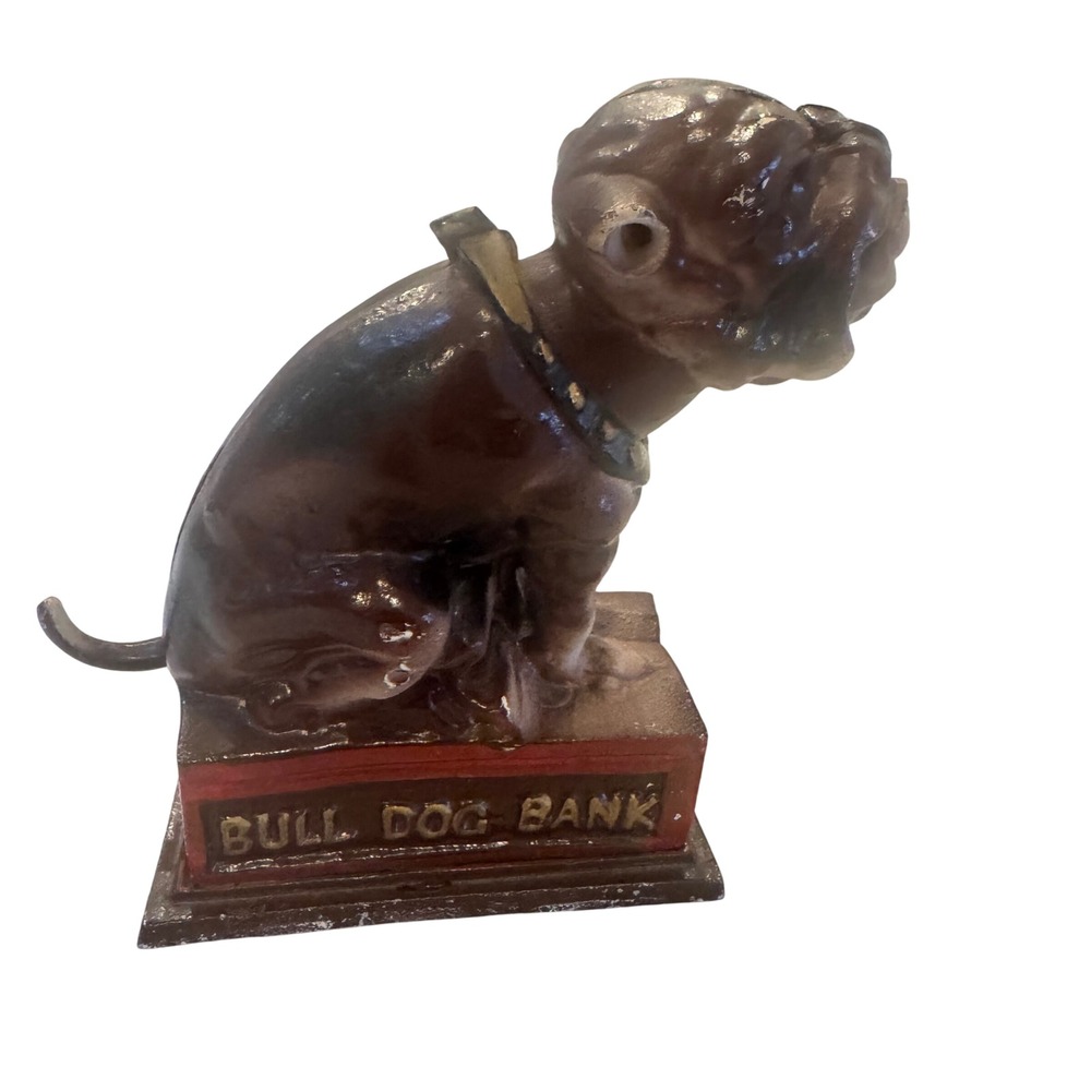 Vintage Cast Iron Bull Dog Bank Brown Metal Coin Bank 7.5 Inch Missing eyeball